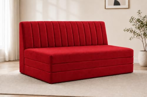 Image of Three Seater Sofa Bed, Velvet Fabric Foldable Sofa Cum Bed with Soft Foam Cushioning, Convertible Floor Couch for Living Room, Guest Room & Home Use (Red, Pre-Assembled)