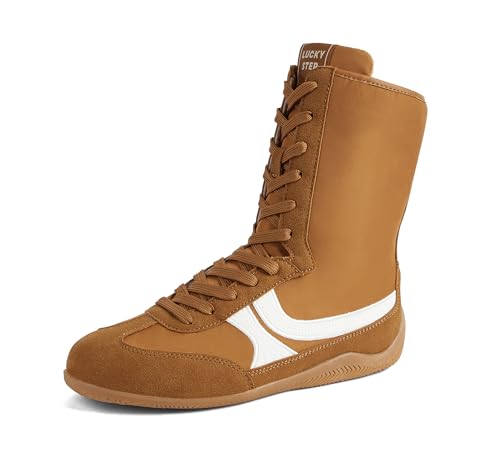 LUCKY STEP Women's High Top Fashion Sneakers Casual Retro Comfortable Shoes Lace Up Training Sneaker(9 M US Brown/White)
