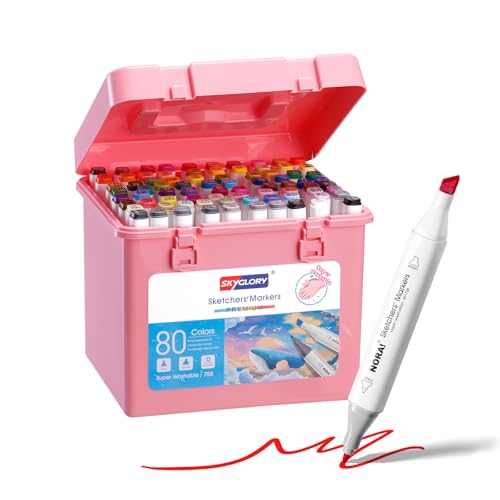 Marqueurs artistiques sans bavure : 80 feutres double pointe avec étui rose pour créer partout
