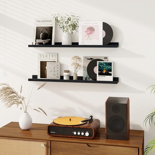 Dreamland Picture Ledge Shelf for Wall, Floating Shelves Set of 2, 36 Inch Long Floating Shelves with Lip for Living Room, Bedroom, Bathroom, Kitchen, Black