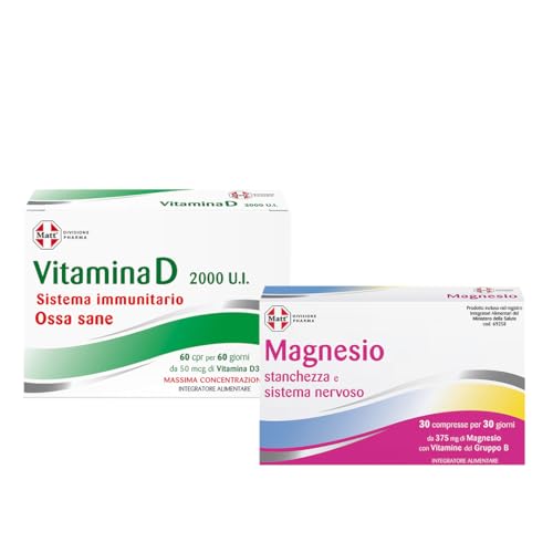 Matt, 30 Compresse Magnesio e 60 Compresse Vitamina D 2000 U.I, Integratori Alimentari Ideali per Ridurre la Stanchezza e Aumentare le Difese Immunitarie