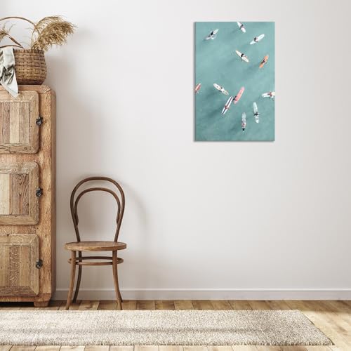 Abstract Ocean Painting - Denim-Clad Surfers Floating On Translucent Waves, Modern Serene Sea Canvas Wall Art For Coastal Living Room Decor Modern Beach House 24x36in Wframed - Image 5