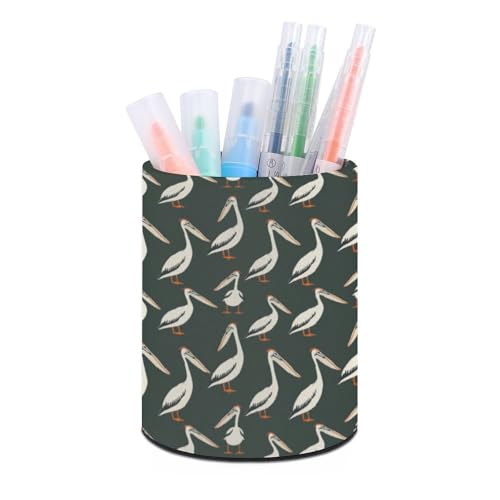 Image of Pelicans Leather Pen Holder for Desk Round Desktop Makeup Brush Storage Box Pencil Cup Pots