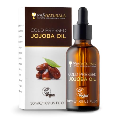 PraNaturals Aceite de Jojoba Prensado en Frío 50 ml – Aceite Facial para Rostro, Cabello y Piel – Hidratante Ligero Rico en Vitamina E – Vegano y Cruelty-Free