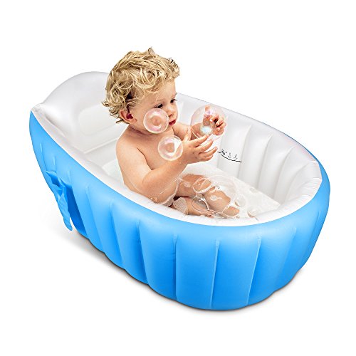 TOPIST Baby Inflatable Bathtub, Portable Mini Air Swimming Pool Kid Infant Toddler Thick Foldable Shower Basin with Soft Cushion Central Seat (Blue)