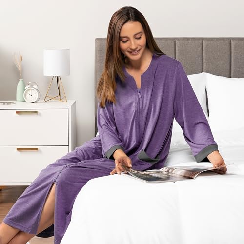 PAVILIA Premium Womens Robe Housecoat, 3/4 Sleeves Zip Up Nightgown For Women Pockets, Soft Bathrobe Zipper Loungewear Dress4