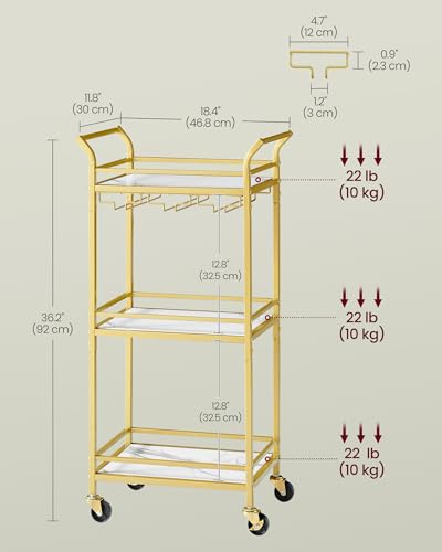 Image of VASAGLE Bar Cart, 3-Tier Shelf, Wine Holders, Glass Holders | Home Bar Serving Cart, 18.4 x 11.8 x 36.2 in, Small Spaces, Kitchen, Living Room, White and Gold, BARIS Collection ULRC101A01