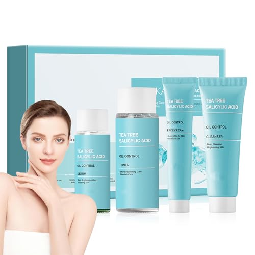 Tea Tree Face Skincare Sets - Salicylic Acid Facial Care Kits - Skin Care Sets & Kits with Face Cleanser, Toner, Serum,Cream - Control Oil Skin Care Set for Oily Blemish Skin
