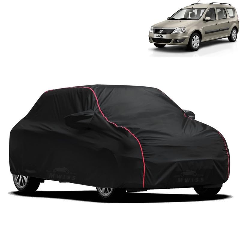 Image of Waterproof Car Cover for Renault Logan | All-Weather Protection, Dustproof & UV Resistant | Triple Stitched Mirror Pockets, Windproof Buckle Strap with Elastic Hem, Black-Red Piping