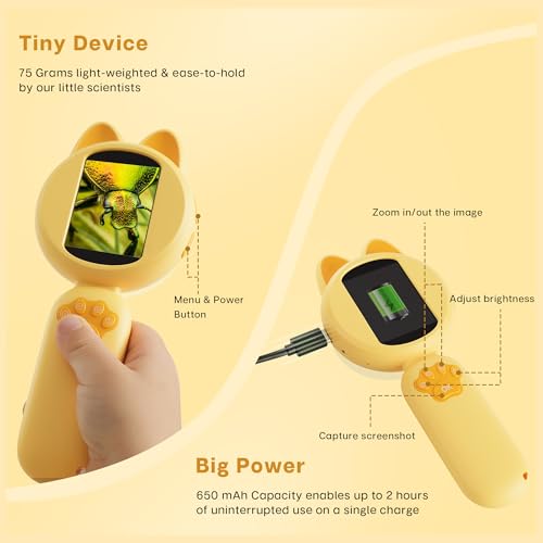 TINYLENS Mia Kids Microscope, Mini Digital Microscope for Kids with 2'' IPS Screen, Handheld Mini Scope Educational Science Toy Kit, Christmas/Birthday Gifts for Children Aged 3-12 (Yellow)
