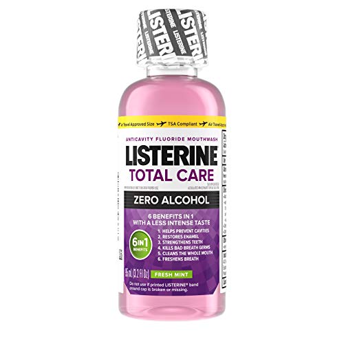 Listerine Total Care Alcohol-Free Anticavity Mouthwash, 6 Benefit Fluoride Mouthwash for Bad Breath and Enamel Strength, Fresh Mint Flavor, Travel Size, 3.2 fl. oz (Pack of 12)