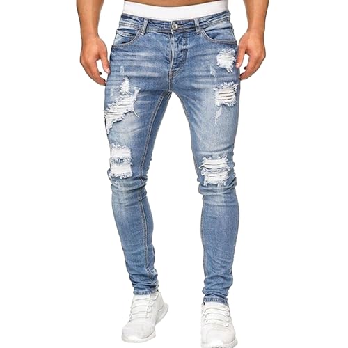 Men's Slim Fit Stretch Jeans Destroyed Ripped Skinny Side Striped Denim Pants