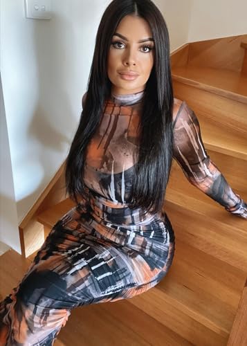 Image of MOEENCN Sexy Long Sleeve Midi Dress for Women Sheer Mesh Printed 2 Piece Skirt Set Crew Neck See Through Bodycon Party