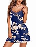 Ekouaer Sleepwear Sexy Lingerie Nightgown Lace Chemise Satin Slip Silk Negligee Nightie Bridal Babydoll for Women Light Navy Blue Floral Small