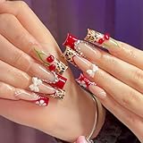IMSOHOT Red Press on Nails Long Square Fake Nails French Tip False Nails with 3D Cherry & Rhinestones Designs Acrylic Full Cover Leopard Print Stick on Nails