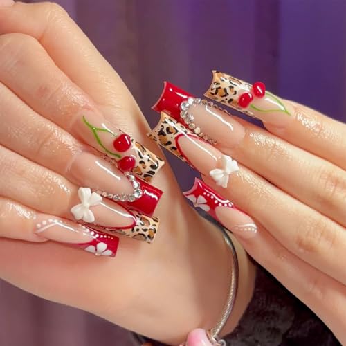 IMSOHOT Red Press on Nails Long Square Fake Nails French Tip Nails with 3D Cherry & Rhinestones Designs Acrylic Full Cover Leopard Print Stick on Nails