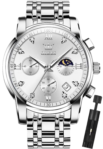 OLEVS Mens Watches Analog Quartz Chronograph Square Dress Watch for Man Stainless Steel or Leather Band Waterproof Luminous Date Male Watch, all silver, men watch