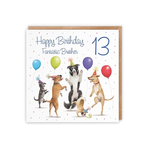 Hunts England 13th Brother Birthday Card - Dancing Dogs - Fantastic Brother - Age 13 - Boy's 13th Birthday Card - Milo's Gallery - Funny - Image 2