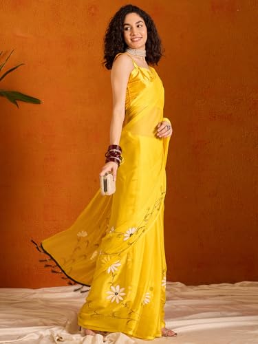 Image of SAREE MALL Women's Chiffon Daisy Floral hand paint Tassel Pallu Lightweight Summer Saree
