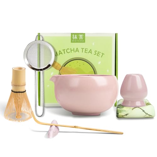 Lunova Matcha Set mit Matcha Besen, Keramikschale (560ml, Zartrosa), Zubehör | Handgefertigtes Ceremonial Matcha-Zubehör für Teezeremonie oder Matcha Latte (Rosa)