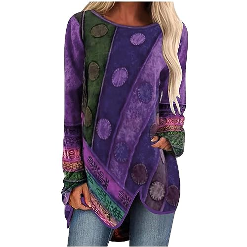 ANHATUIV Camisetas de manga larga para mujer, talla grande, cuello redondo, estilo étnico, estampado, jersey elegante, blusa larga con dobladillo irregular, ajuste holgado, túnica vintage, camisa