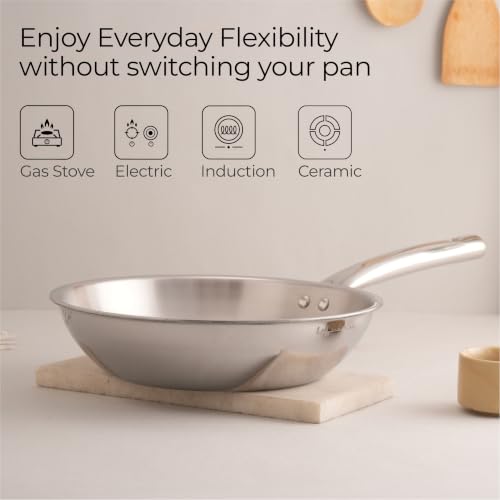 Image of Lifelong Tri Ply Fry Pan - 22 cm Stainless Steel Frying Pan with 1.25 Litre Capacity - Induction & Gas Compatible Cookware - Durable, Even Heating for Searing, Frying, and Sauteing (Silver)