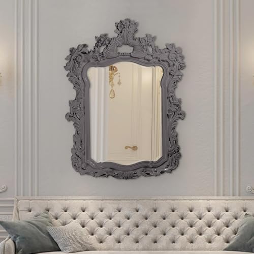 Howard Elliott Collection Turner Large Ornate Wall Mirror with Beveled Edges, Charcoal Gray Rectangular Vanity Mirror with Baroque Scroll Pattern for Bedroom, Living Room and Bathroom, 56 x 42 Inch