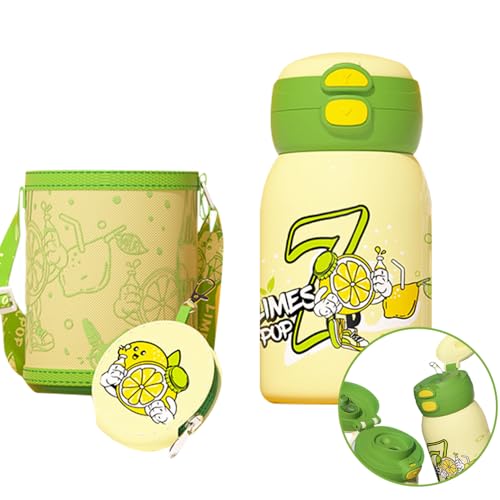 水筒 子供 550ml 2way 耐久性 316ステンレスライナー 持ち運びに便利 多層断熱デザイン カップスリーブと小銭入れ付き ストロー 魔法瓶 こども キッズ 小学生 幼稚園 保温保冷 可愛い 子ども 手提 肩掛け 女の子 男の子 (レモン)