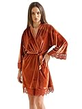 owiter Women Velvet Robes, Soft Fuzzy Kimono Bathrobe for Women Bridal Wedding Sleepwear (orange, on