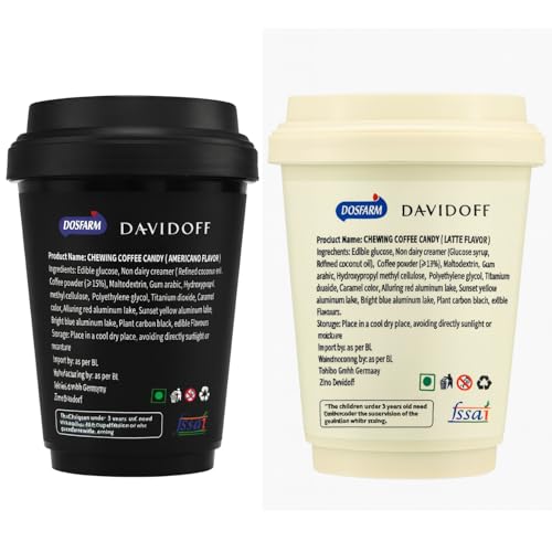 Image of Davidoff Chewing Coffee Chewy Candy Combo Pack By Cougar - Rich Aroma (15% Coffee Powder) & Crema Intense (13% Coffee Powder) - Long-Lasting Premium Coffee Taste Chewy Candy, Intensity 8 & 5, 50g x 2 Cups (Imported-GER)