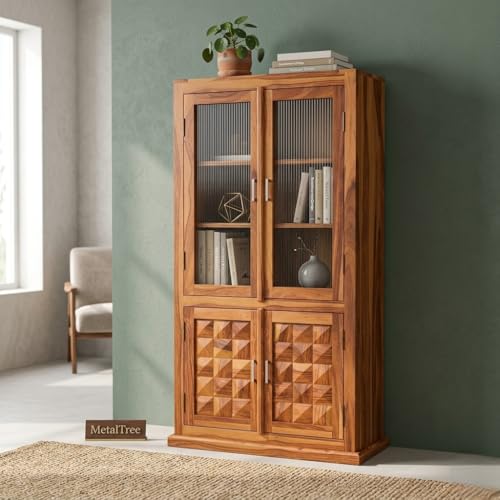 Image of Sheesham Wood Bookcases with 5 Shelves - Wooden Kitchen Crockery Cabinet for Dining Room Kitchen with Glass Door Book Shelf Wooden Rack for Living Room (Lucas Honey)