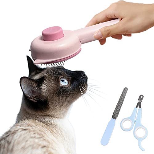 Pink Pet Brush with Release One Push Button Nail Clipper Included Set Soft Cleaning Hair Bomb Perfect for Long or Short Haired Cats, Rabbits, and Dogs Professional Grooming Tool Shedding Brush (Pink)
