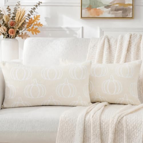 Image of Fall Pumpkin Lumbar Pillow Covers, Autumn Decor (Beige,12x20) | Double-sided pumpkin and plaid designs, thick chenille texture, hidden zipper, for couch, sofa, bed, farmhouse autumn decor