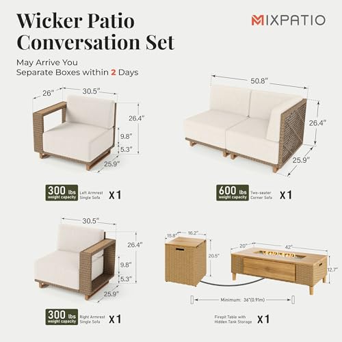 Image of MIXPATIO Patio Sectional Furniture with Fire Pit, 4 Pieces Outdoor Wicker Sofa Set, Yellow Rattan Modular Conversation Sets with 10 inch Thick Cushions, L Shape Low Profile Lawn Deck Garden Furniture