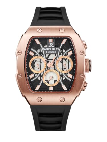 Image of Daniel Klein Analog Black Tonneau Dial Rose Gold Case Black Silicone Strap Chronograph Water-Resistant Wrist Watch for Men Boys DK.1.13638-6