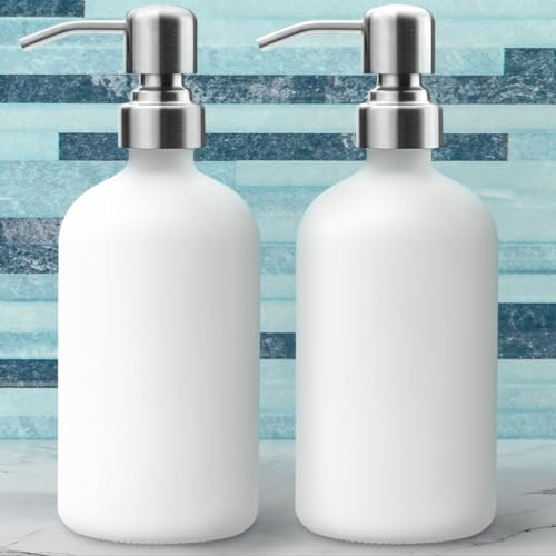 LavaPop Soap Dispenser Set (2 Pack, White), Stylish Glass Bottles w/Stainless Steel Pump & Non-Slip Silicone Coaster, Aesthetic Modern Liquid Hand Soap Dispensers for Kitchen & Bathroom - Image 2