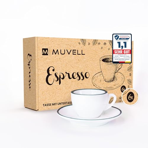 MUVELL 6x Espressotassen | Weiß - Grün | Italian Style | dickwandig & schwer | spülmaschinenfest | Espresso 6er Set mit Untertassen - Geschenkset