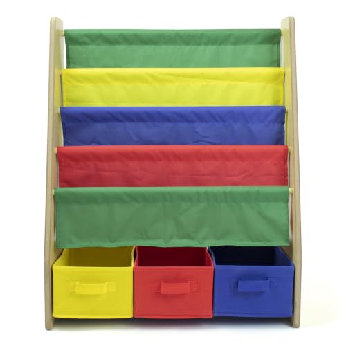YGSCUQWEP Kids Bookshelf, 4-Tier Toddler Book Storage Organizer With 3 Removable Collapsible Fabric Bins, Natural/Primary Finish 25x11x31 Inch Rack For Nursery Playroom Bedroom - Image 3