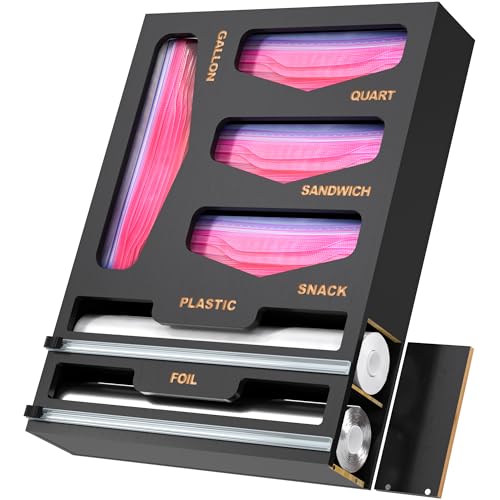 LUYABA 6 in 1 Bag Organizer and Wrap Dispenser with Magnetic Lid - Plastic Wrap Dispenser with Cutter for Kitchen Drawer, Storage for Gallon, Quart, Sandwich, Snack Bags, and Foil Black