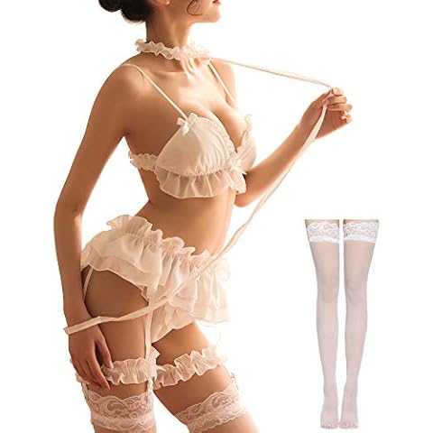 Womens Sexy Cosplay Lingerie Set Ruffle Baby Doll Teddy Outfit Bra an Pantie Nightie with Choker Anime Lace Babydoll, White, One Size Cover