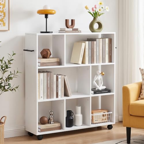 VECELO Rolling Book Cart, 3-Tier Wood Bookshelf with Lockable Wheels, for Home Office Library Study Storage, White