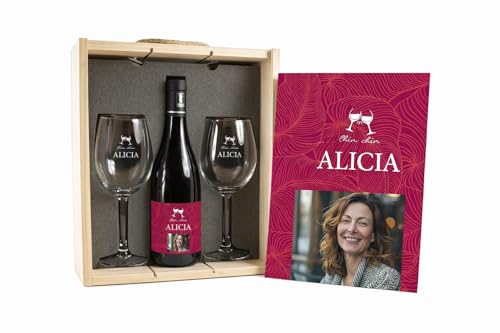 CALLEDELREGALO Kit Personalizado Chin Chin | Incluye Botella de Vino, Copas de Vino y Caja de Madera | Set de Regalo Personalizable con Foto y Texto