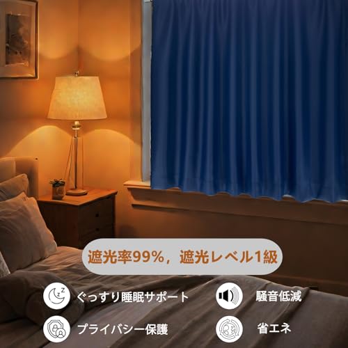 和み空間 遮光カフェカーテン 小窓用 1級遮光 70cm丈 遮熱 断熱 省エネ 目隠し 保温 防寒 厚手 部屋 廊下 ネイビー 丈70㎝ⅹ幅100㎝ 1枚入 [2]