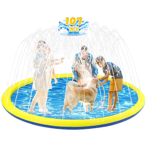 107 inch Extra Large Non-Slip Splash Pad Sprinkler for Kid and Dog, Kiddie Dog Pool, Toddler Outdoor Toys for Ages 3-12 Boys Girls, Summer Outdoor Water Kids Toys, Parent Games, Backyard, Lawn