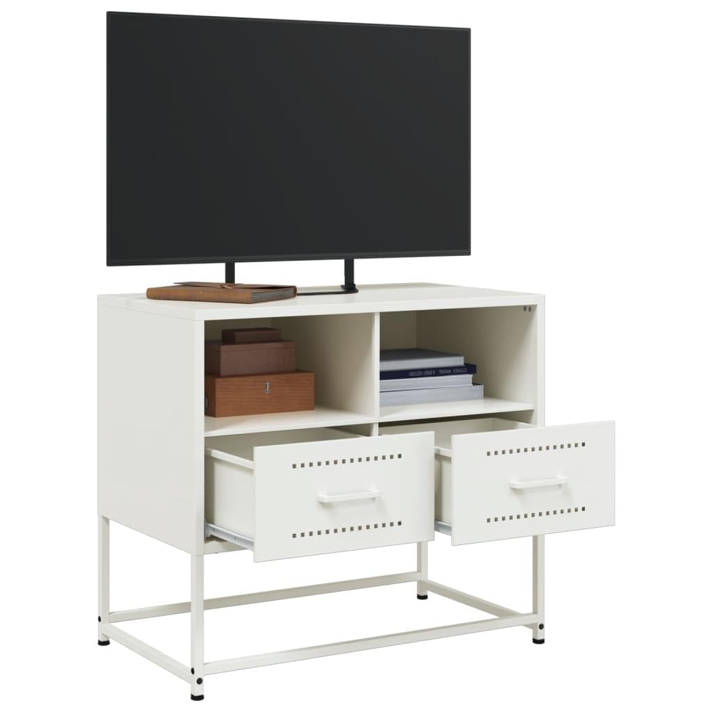 Mobile TV bianco in acciaio 68 x 39 x 60,5 cm con 2 cassetti, scomparti aperti, spazio e ripiano per soggiorno, camera da letto, home theater, gaming e multimediale
