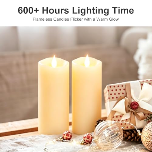 Image of 2PCS, 3 x 8 inches Flameless Candle with Remote Control, 3D Flickering Wick, Real Wax, Battery Candles,with Timer,Battery Powered Candles,for Holiday Home Decor,Ivory