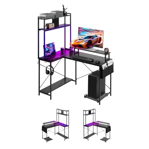 VEVOR Scrivania da Gioco per Computer a Forma di L Scrivania Angolare Reversibile 1200x900x1600 mm con Prese di Corrente Supporto CPU Ripiani Portaoggetti Tavolo Gaming per PC Ufficio Domestico