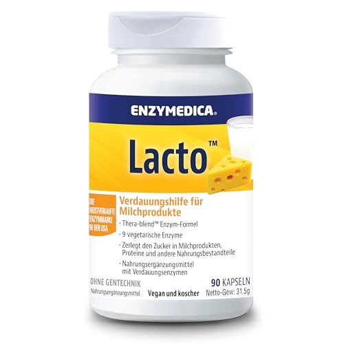 Enzymedica - Lacto, schnell wirkende Enzymformel bei Laktose- und Kasein-Intoleranz, reduziert Gase und Blähungen, angezeigt gegen Kreuzkontamination, glutenfrei, milchfrei, vegan, 90 Kapseln