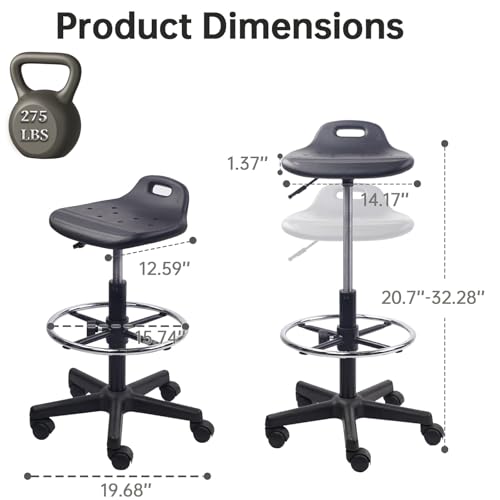 Image of KLASIKA Drafting Rolling Stool Adjustable Height with Foot Rest Breathable Seat Cushion Swivel Stools with Wheels, Multi-Purpose Work Stool for Shop, Task, Salon, Black, 4 Pack
