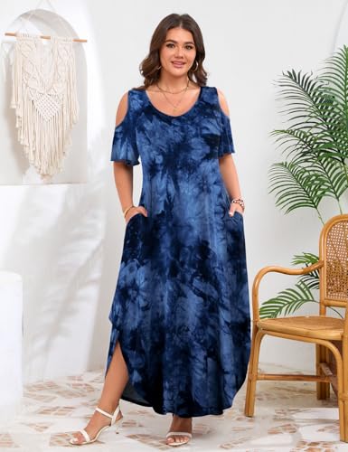 Image of JollieLovin Womens Plus Size Casual Summer Maxi Long Dress Cold Shoulder V Neck Beach Sundresses